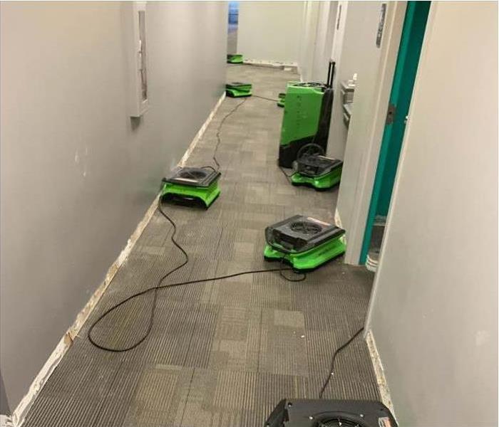 Air movers and dehumidifiers placed in a long hallway of a building.